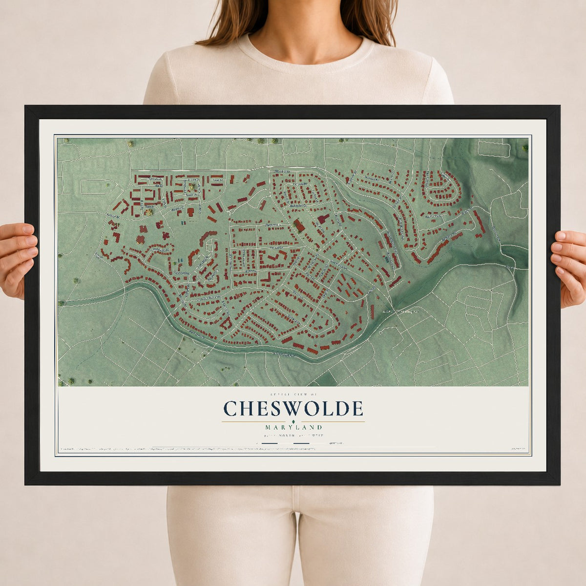 Map of Cheswolde, Maryland, 18 x 24 inch print in a black wood frame