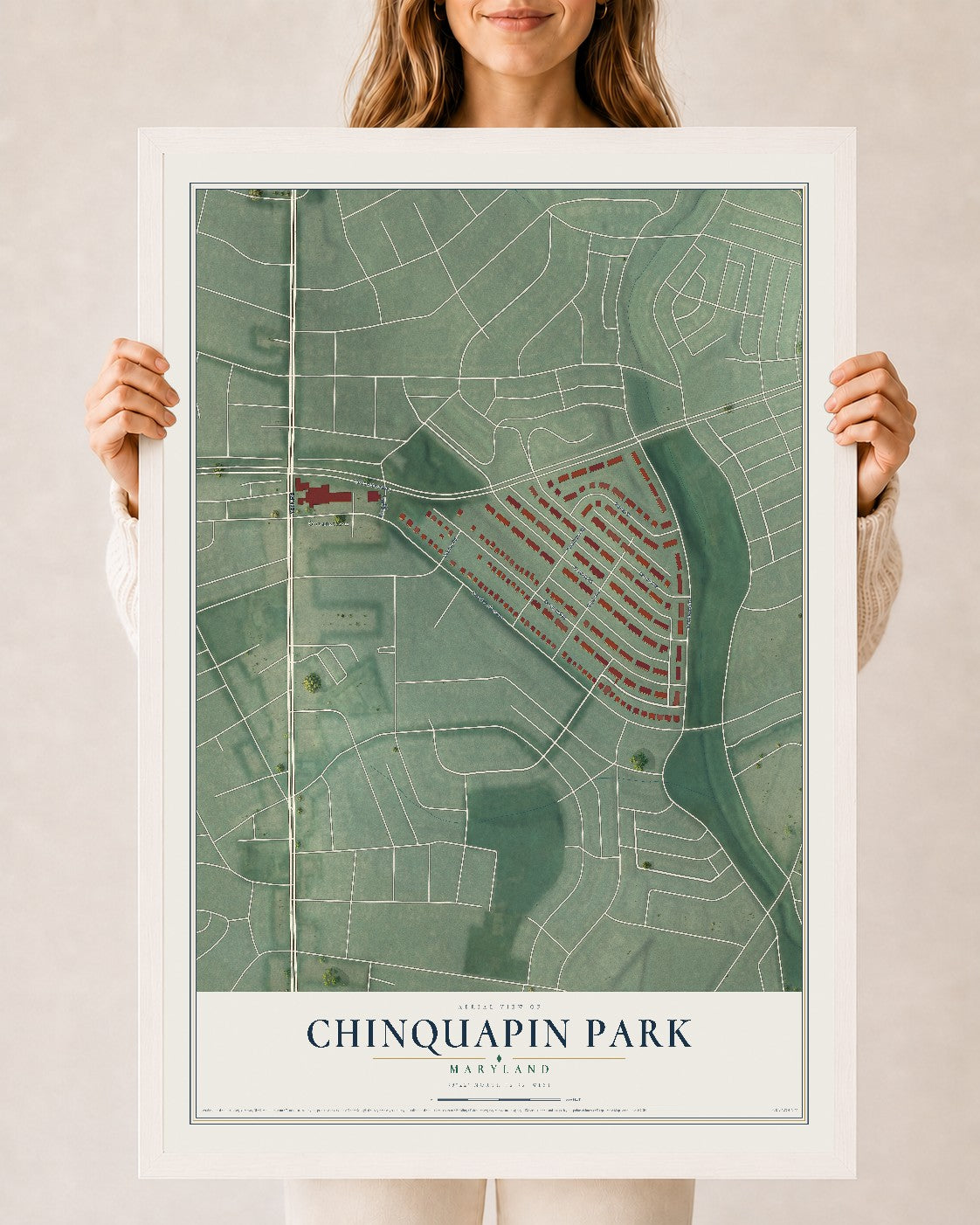 Map of Chinquapin Park, Maryland, 24 x 36 inch print in a white wood frame