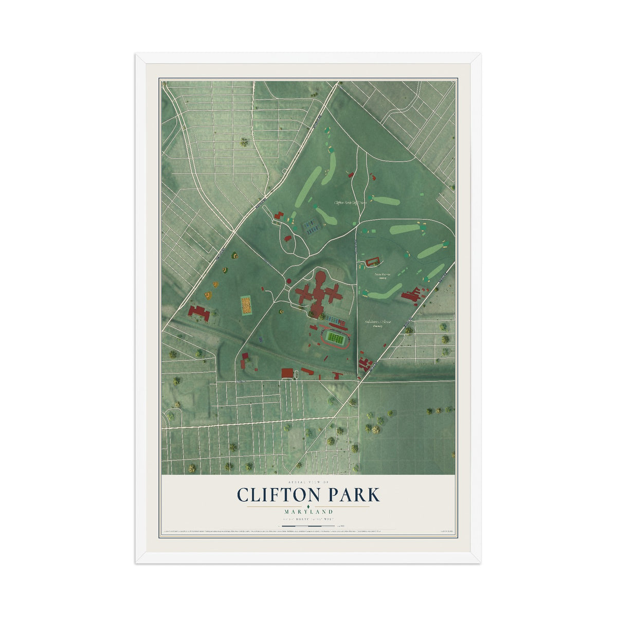 Map of Clifton Park, Maryland, 12 x 18 inch print in a white wood frame