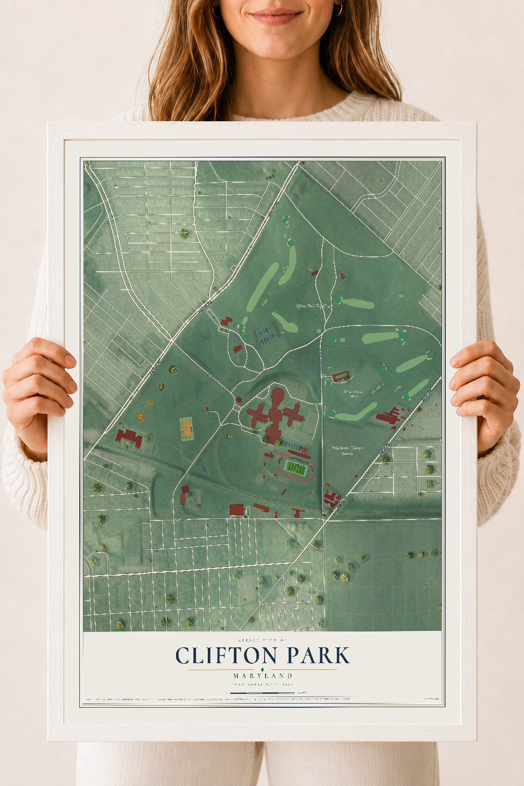 Map of Clifton Park, Maryland, 18 x 24 inch print in a white wood frame