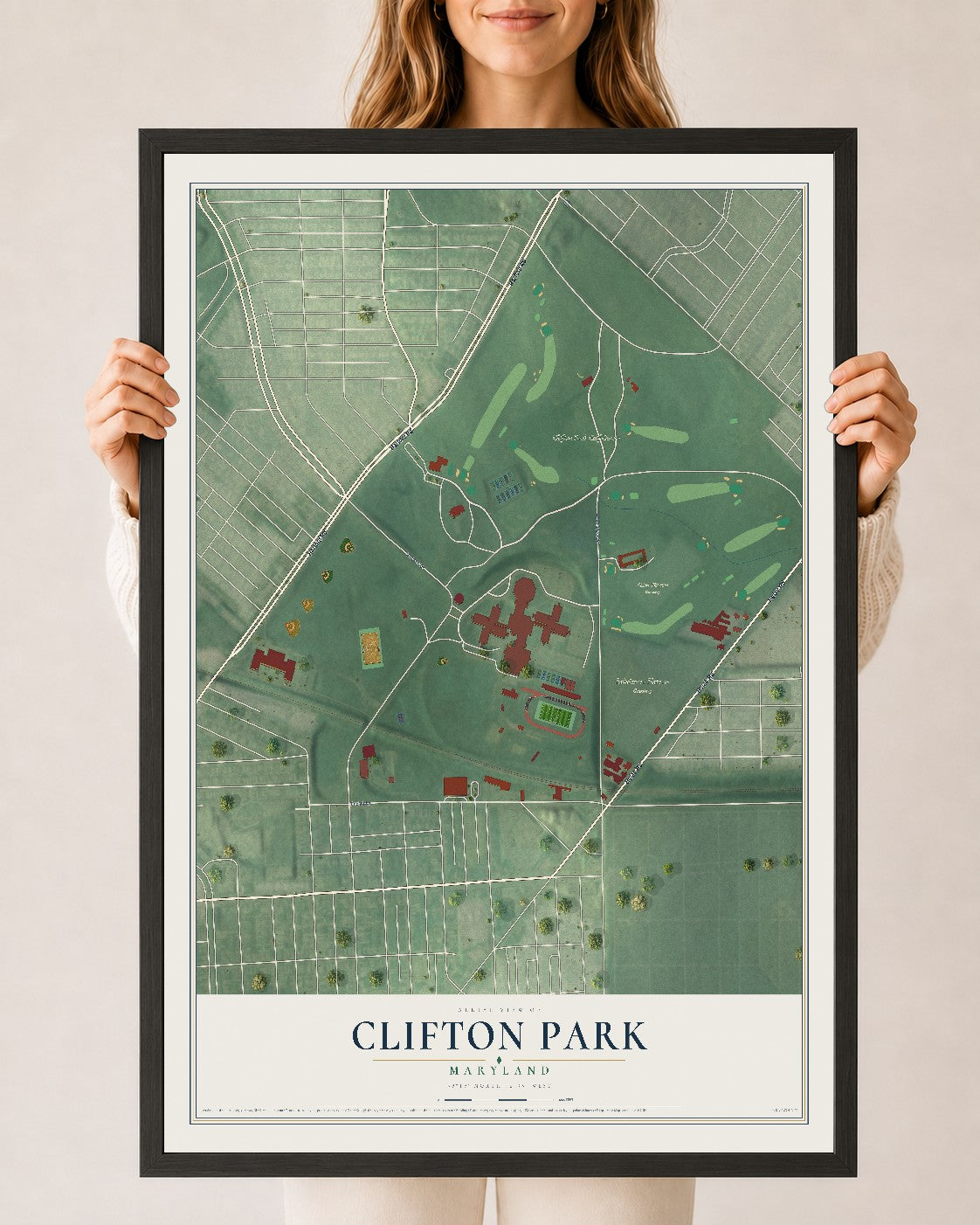 Map of Clifton Park, Maryland, 24 x 36 inch print in a black wood frame