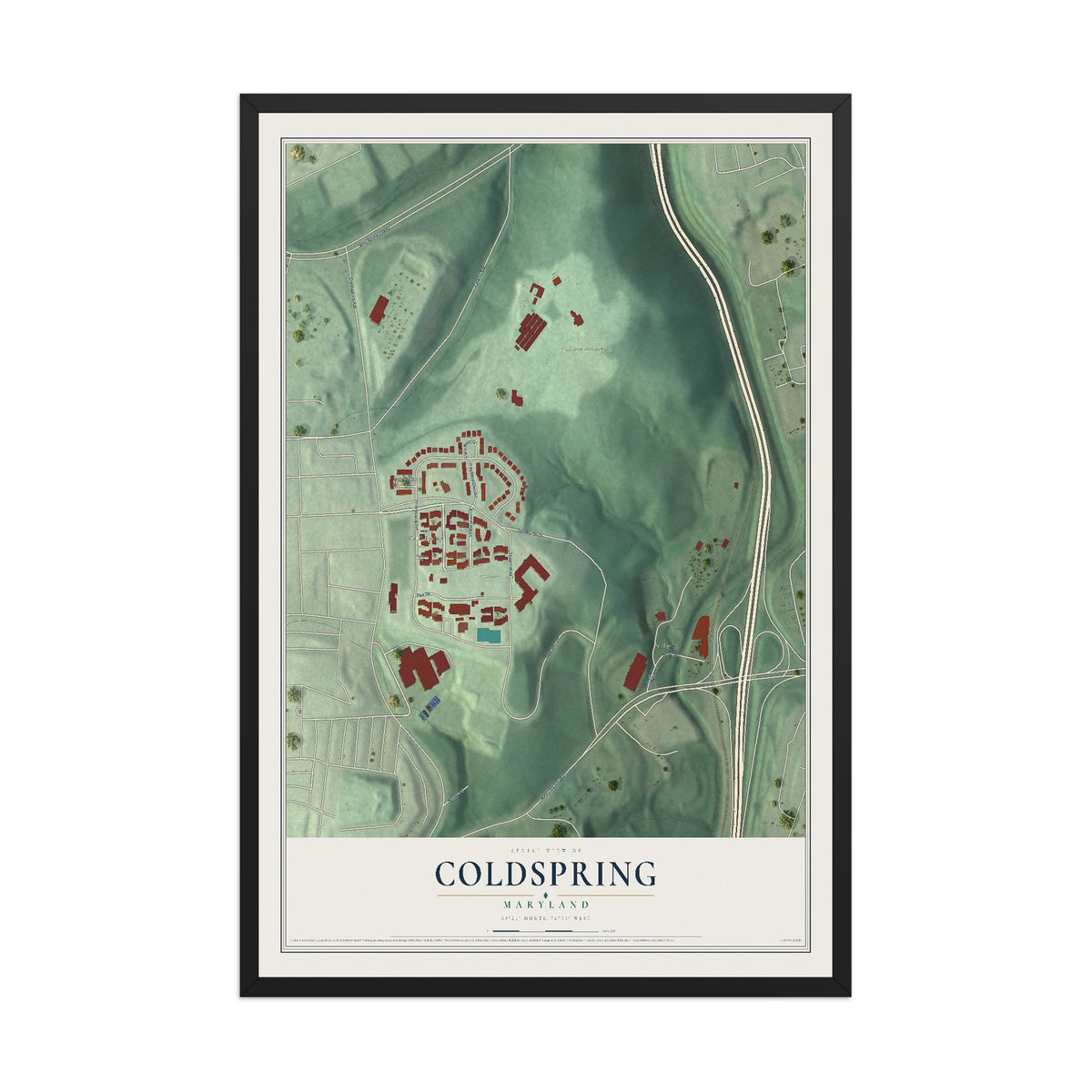 Map of Coldspring, Maryland, 12 x 18 inch print in a black wood frame