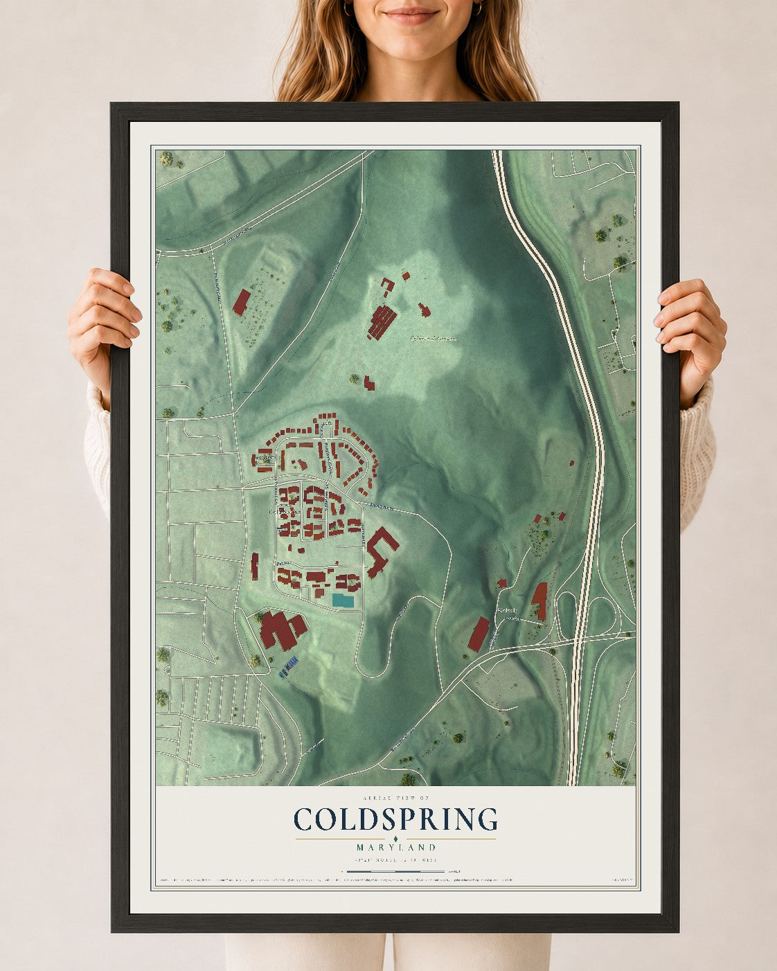Map of Coldspring, Maryland, 24 x 36 inch print in a black wood frame