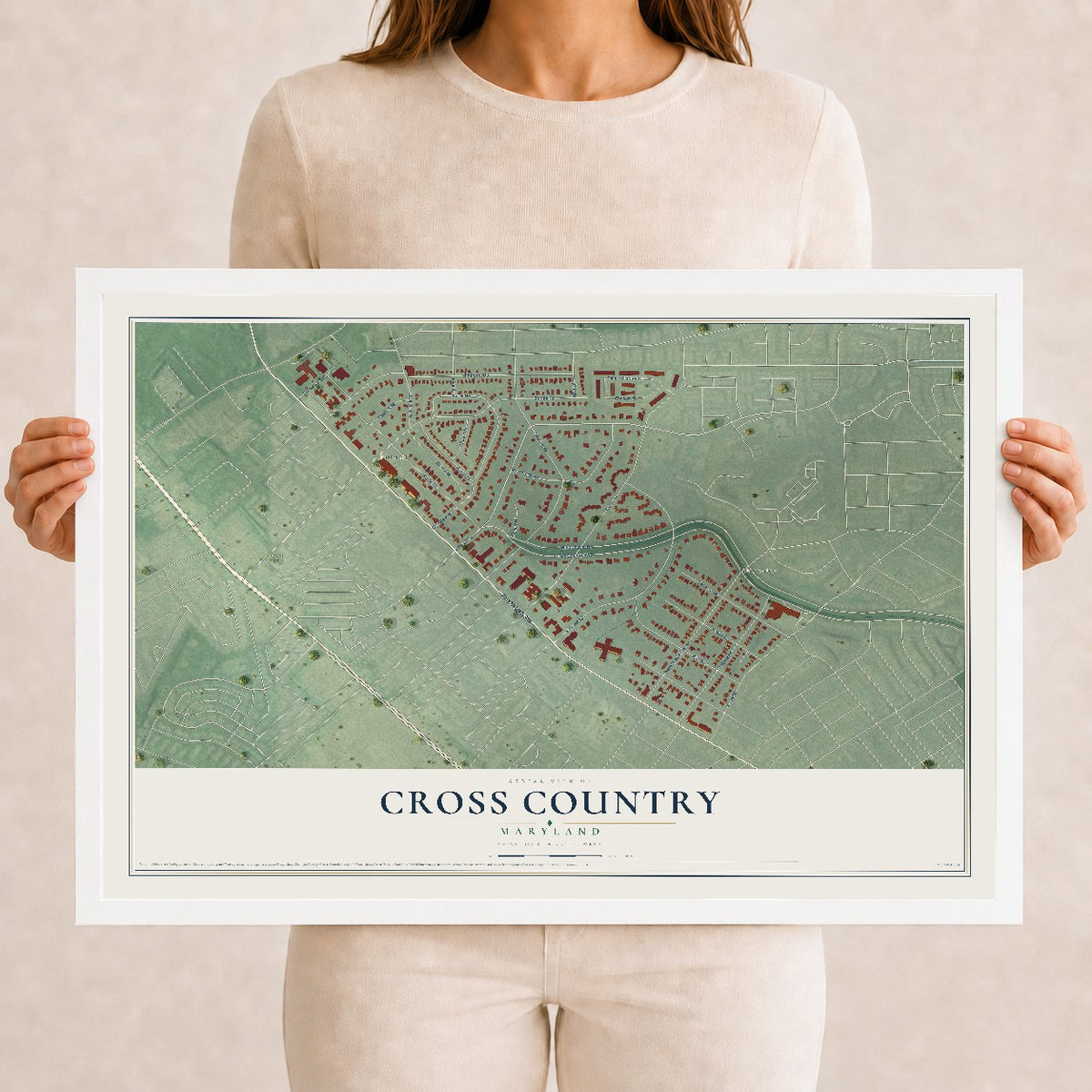 Map of Cross Country, Maryland, 12 x 18 inch print in a white wood frame