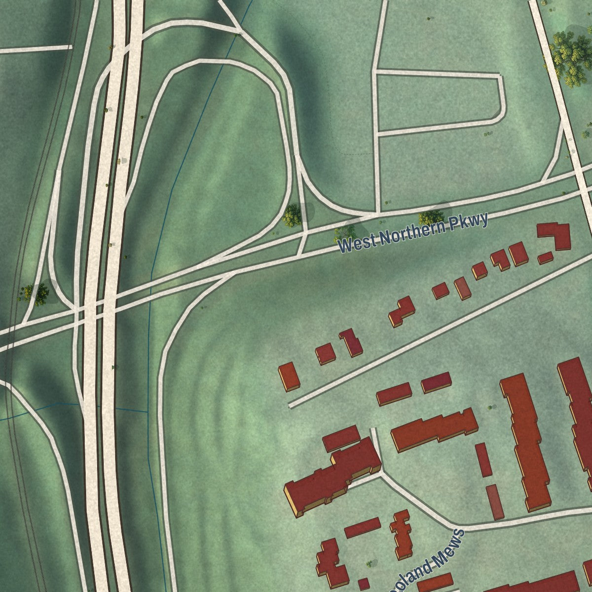 Close-up of the map of Cross Keys, Maryland print showing street and building detail
