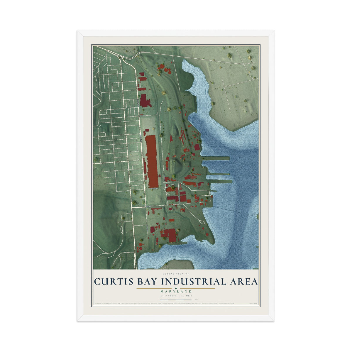 Map of Curtis Bay Industrial Area, Maryland, 12 x 18 inch print in a white wood frame