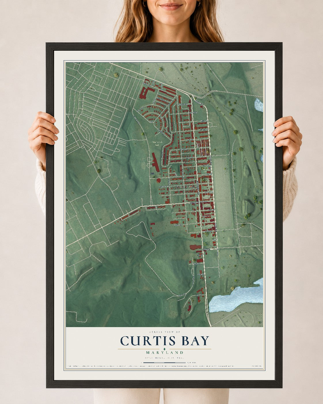 Map of Curtis Bay, Maryland, 24 x 36 inch print in a black wood frame