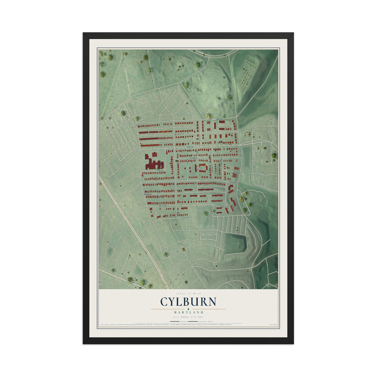 Map of Cylburn, Maryland, 12 x 18 inch print in a black wood frame