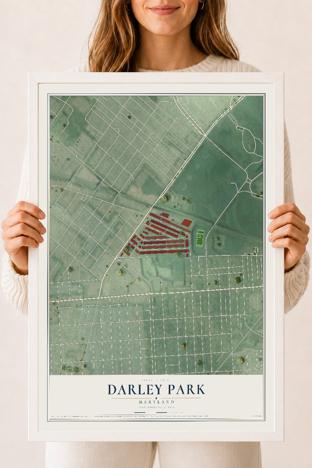Map of Darley Park, Maryland, 18 x 24 inch print in a white wood frame