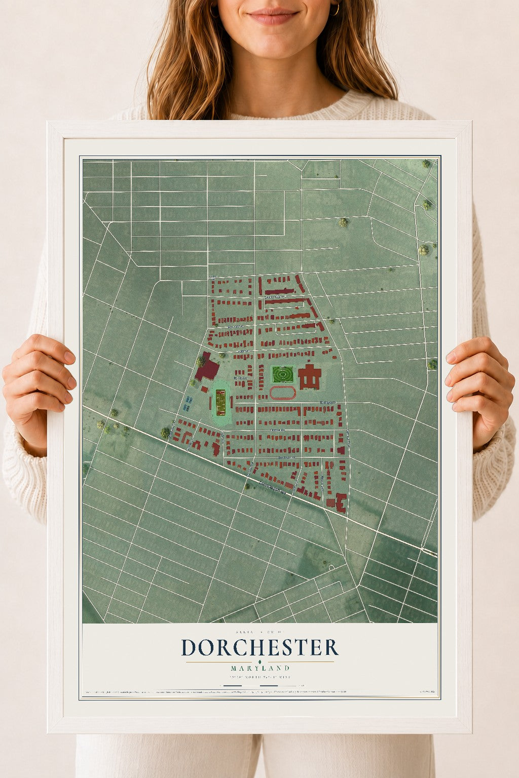 Map of Dorchester, Maryland, 18 x 24 inch print in a white wood frame