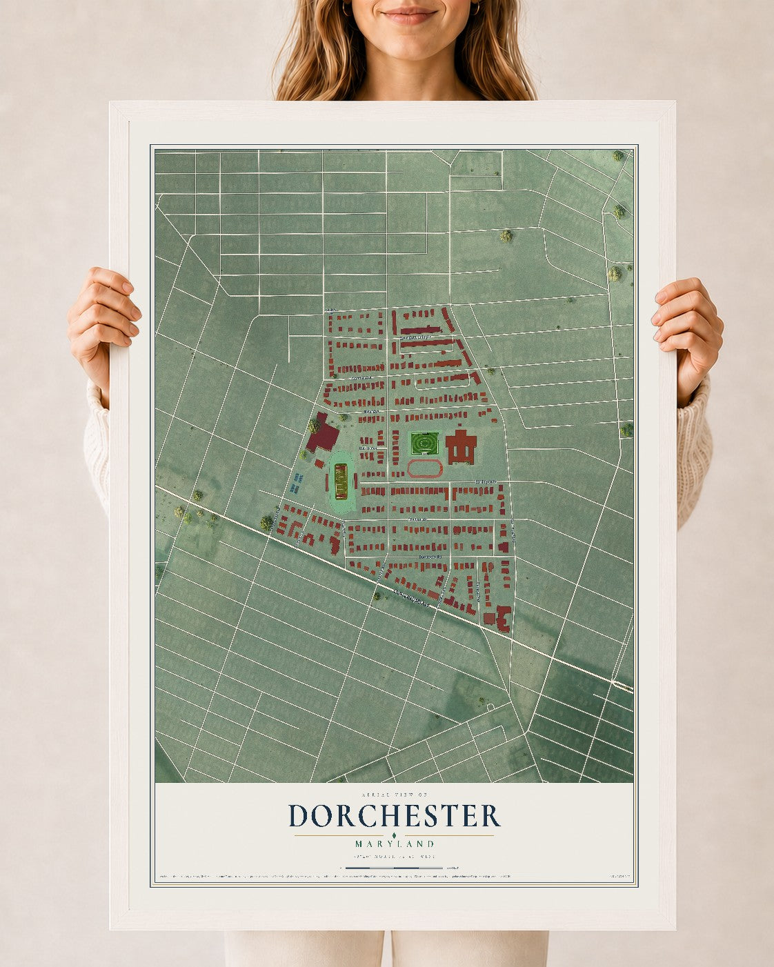 Map of Dorchester, Maryland, 24 x 36 inch print in a white wood frame