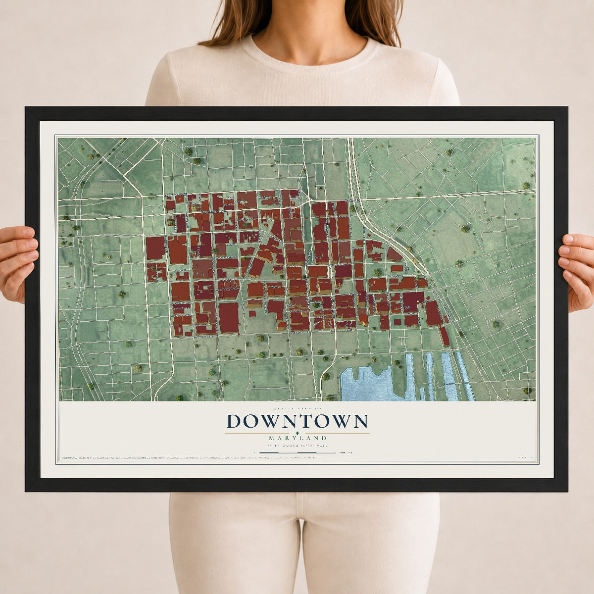 Map of Downtown, Maryland, 18 x 24 inch print in a black wood frame