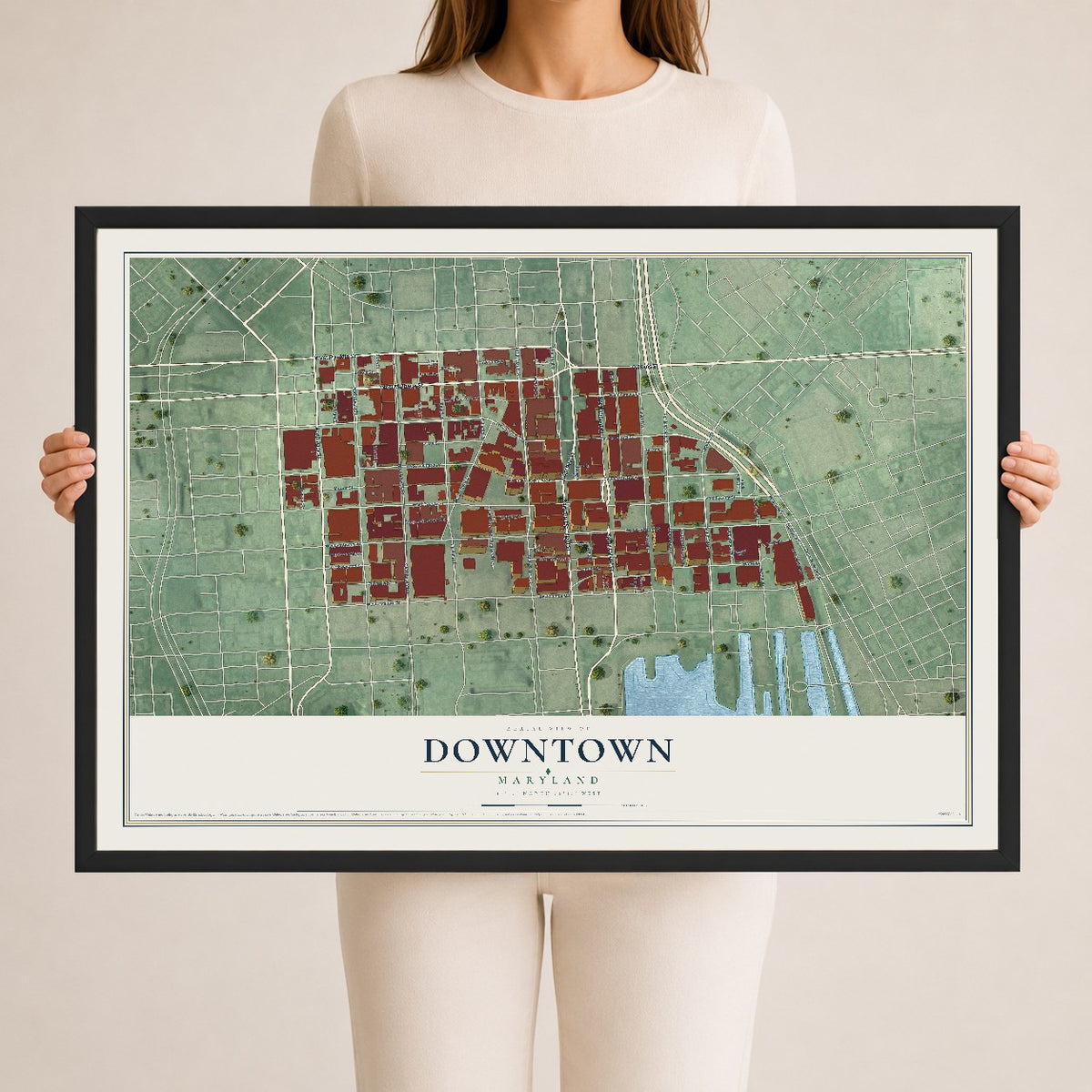 Map of Downtown, Maryland, 24 x 36 inch print in a black wood frame