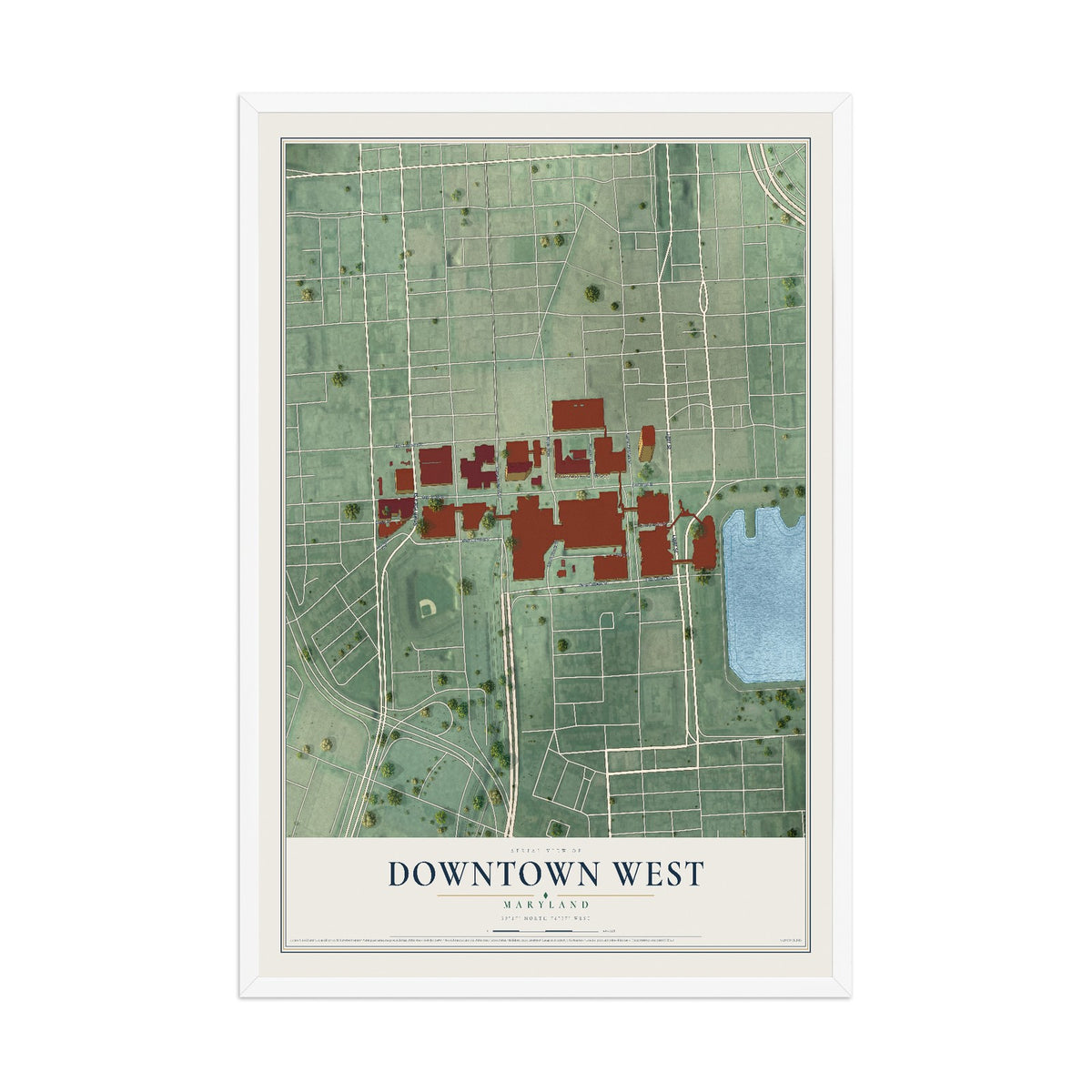 Map of Downtown West, Maryland, 12 x 18 inch print in a white wood frame