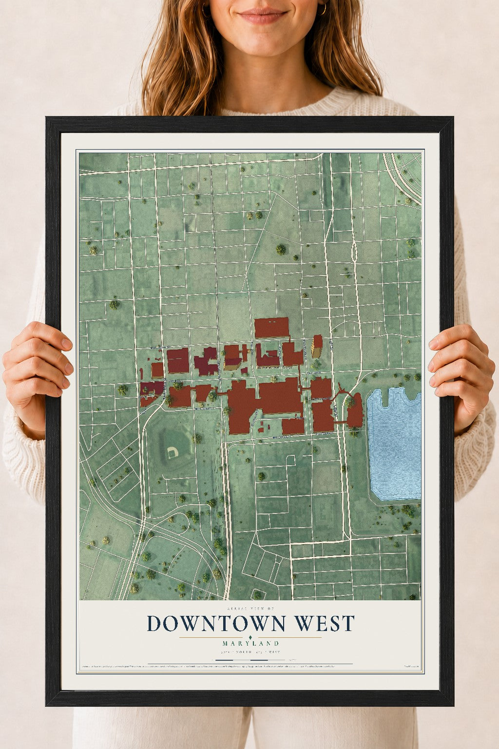 Map of Downtown West, Maryland, 18 x 24 inch print in a black wood frame