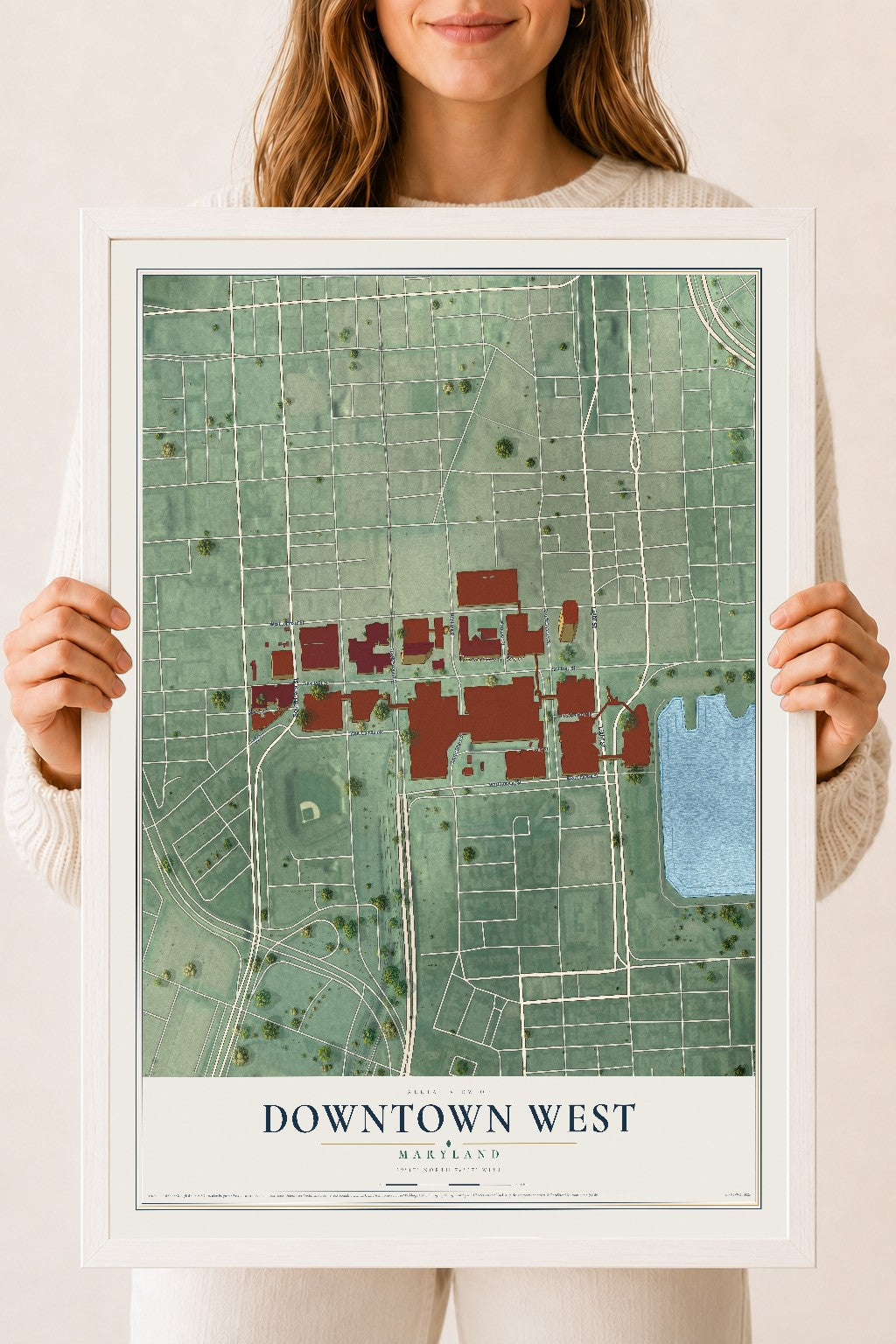 Map of Downtown West, Maryland, 18 x 24 inch print in a white wood frame
