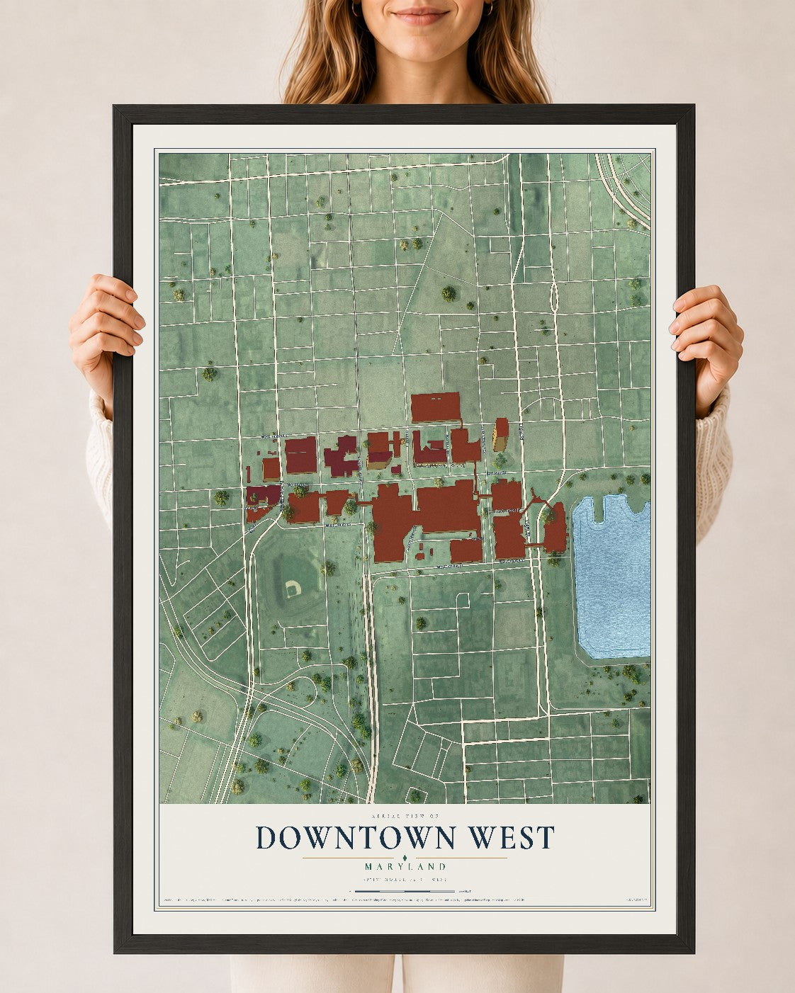 Map of Downtown West, Maryland, 24 x 36 inch print in a black wood frame