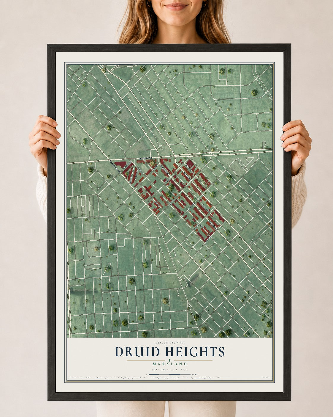 Map of Druid Heights, Maryland, 24 x 36 inch print in a black wood frame