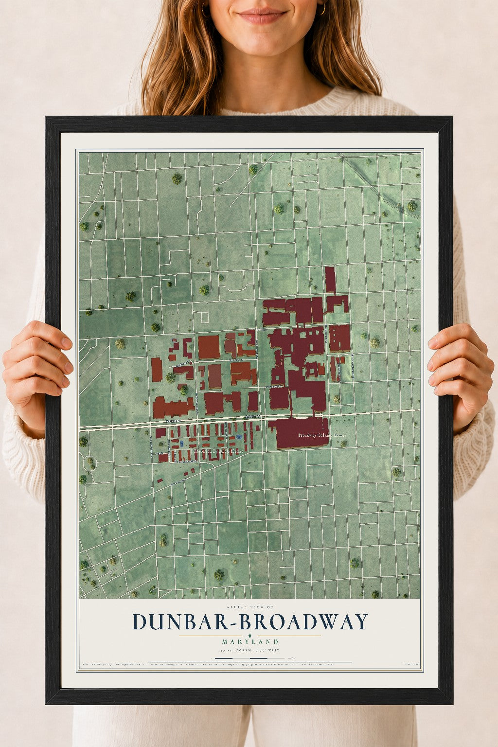 Map of Dunbar-Broadway, Maryland, 18 x 24 inch print in a black wood frame