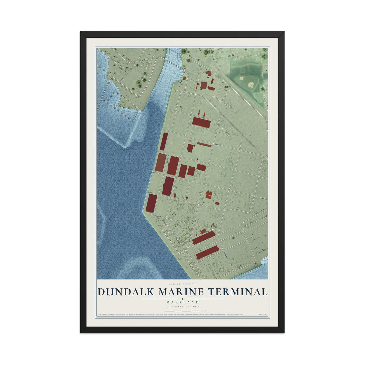 Map of Dundalk Marine Terminal, Maryland, 12 x 18 inch print in a black wood frame