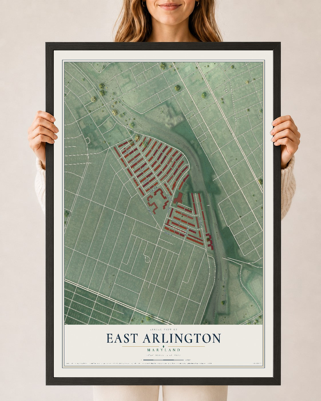 Map of East Arlington, Maryland, 24 x 36 inch print in a black wood frame
