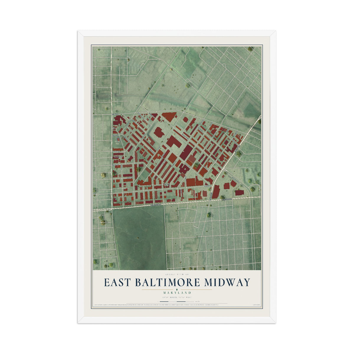 Map of East Baltimore Midway, Maryland, 12 x 18 inch print in a white wood frame