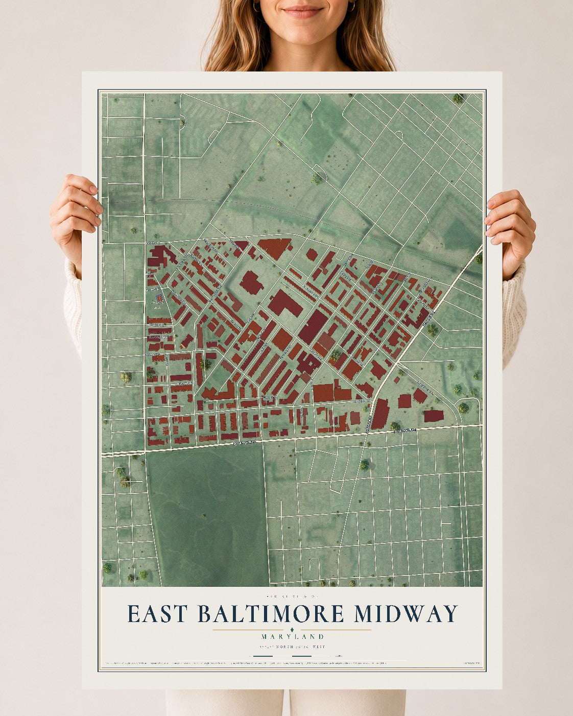 Map of East Baltimore Midway, Maryland, 24 x 36 inch unframed archival matte print