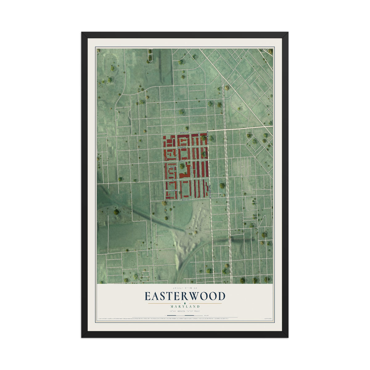 Map of Easterwood, Maryland, 12 x 18 inch print in a black wood frame