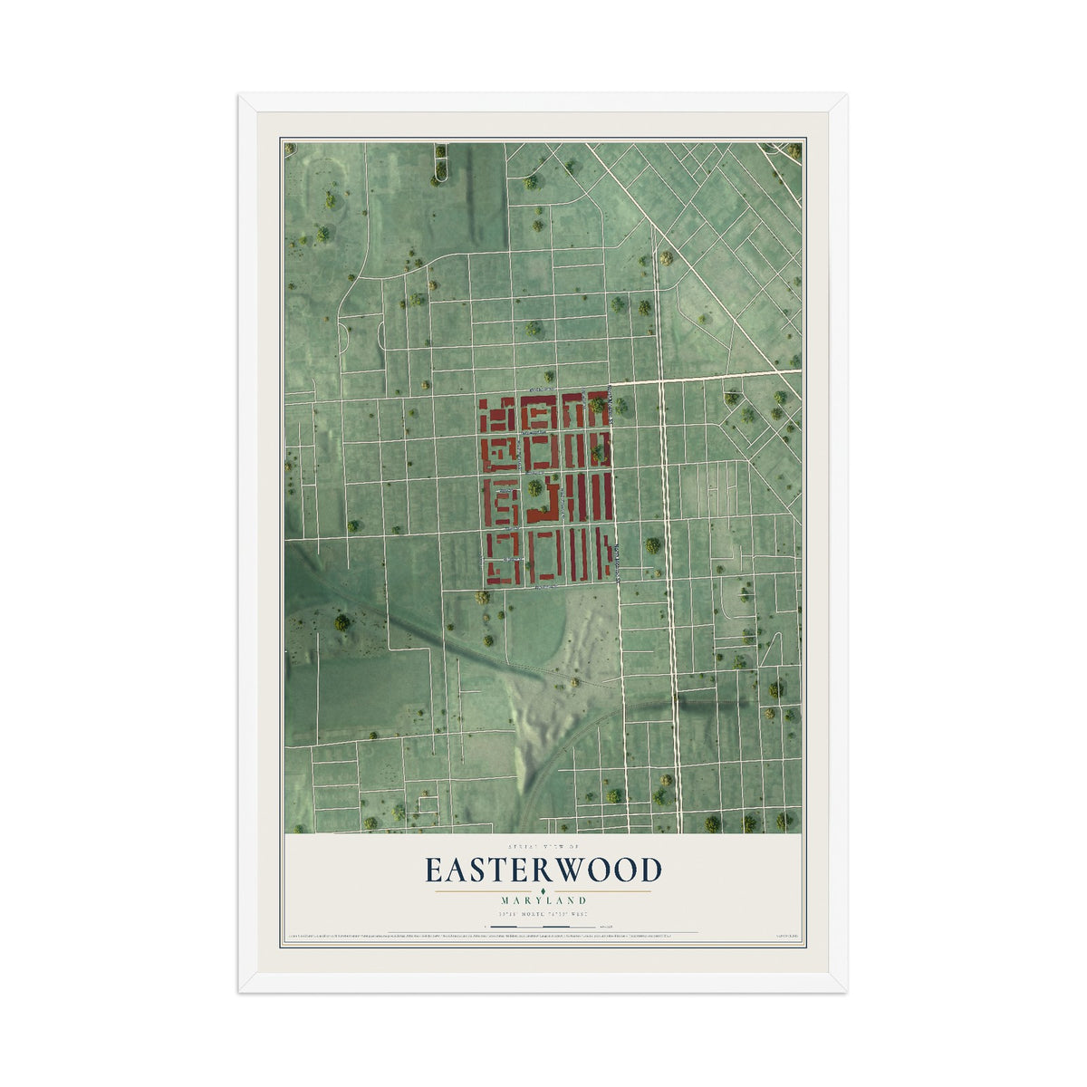 Map of Easterwood, Maryland, 12 x 18 inch print in a white wood frame