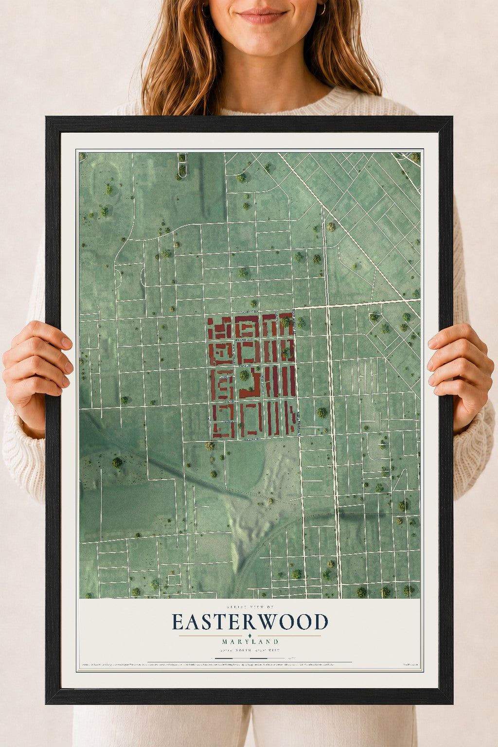 Map of Easterwood, Maryland, 18 x 24 inch print in a black wood frame