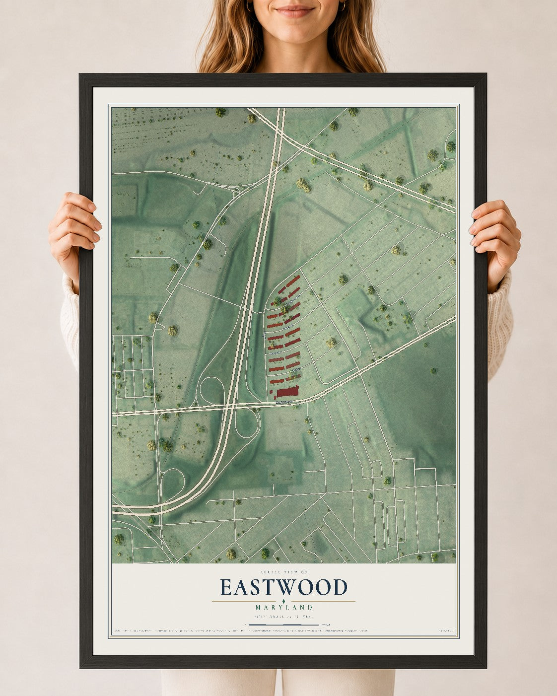 Map of Eastwood, Maryland, 24 x 36 inch print in a black wood frame
