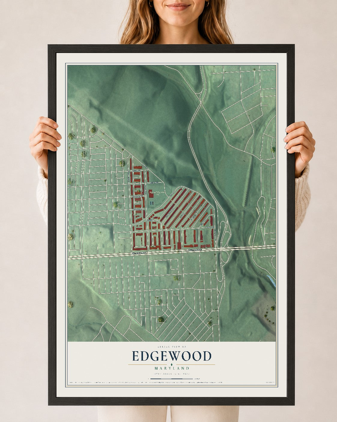 Map of Edgewood, Maryland, 24 x 36 inch print in a black wood frame