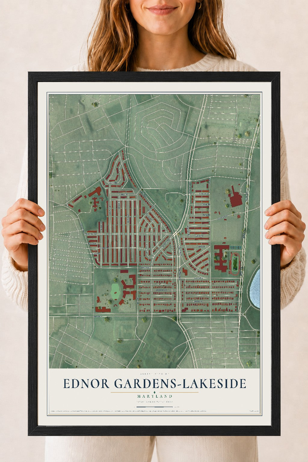 Map of Ednor Gardens-Lakeside, Maryland, 18 x 24 inch print in a black wood frame