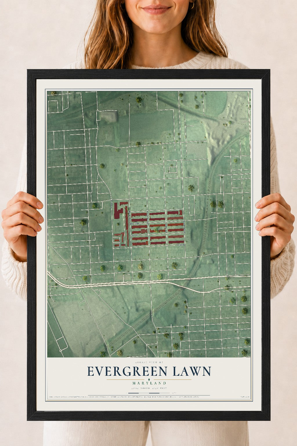 Map of Evergreen Lawn, Maryland, 18 x 24 inch print in a black wood frame