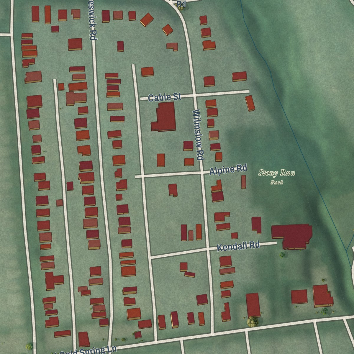 Close-up of the map of Evergreen, Maryland print showing street and building detail