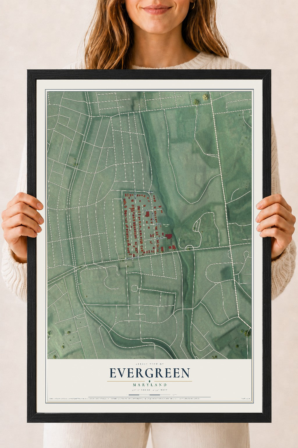 Map of Evergreen, Maryland, 18 x 24 inch print in a black wood frame