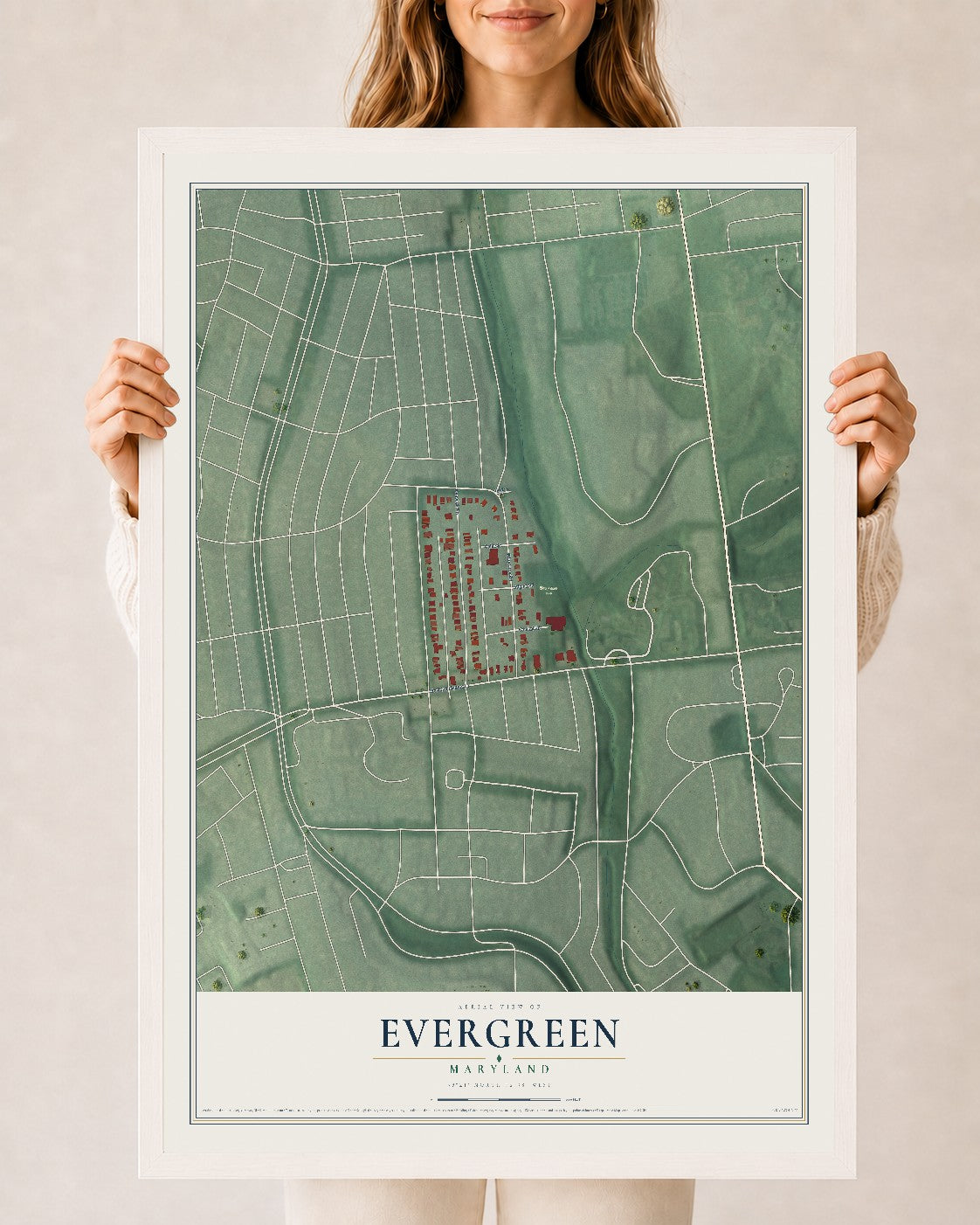 Map of Evergreen, Maryland, 24 x 36 inch print in a white wood frame