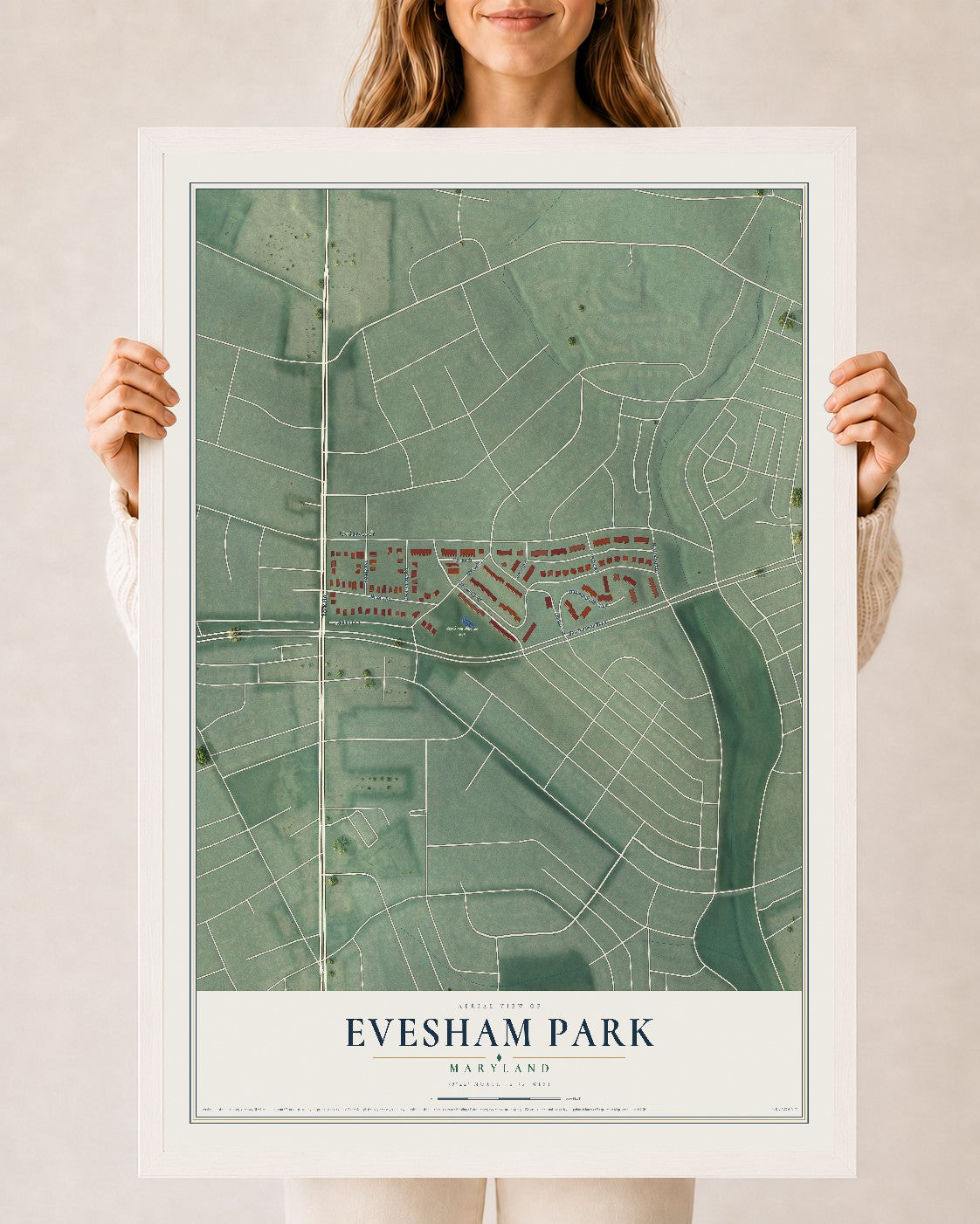Map of Evesham Park, Maryland, 24 x 36 inch print in a white wood frame