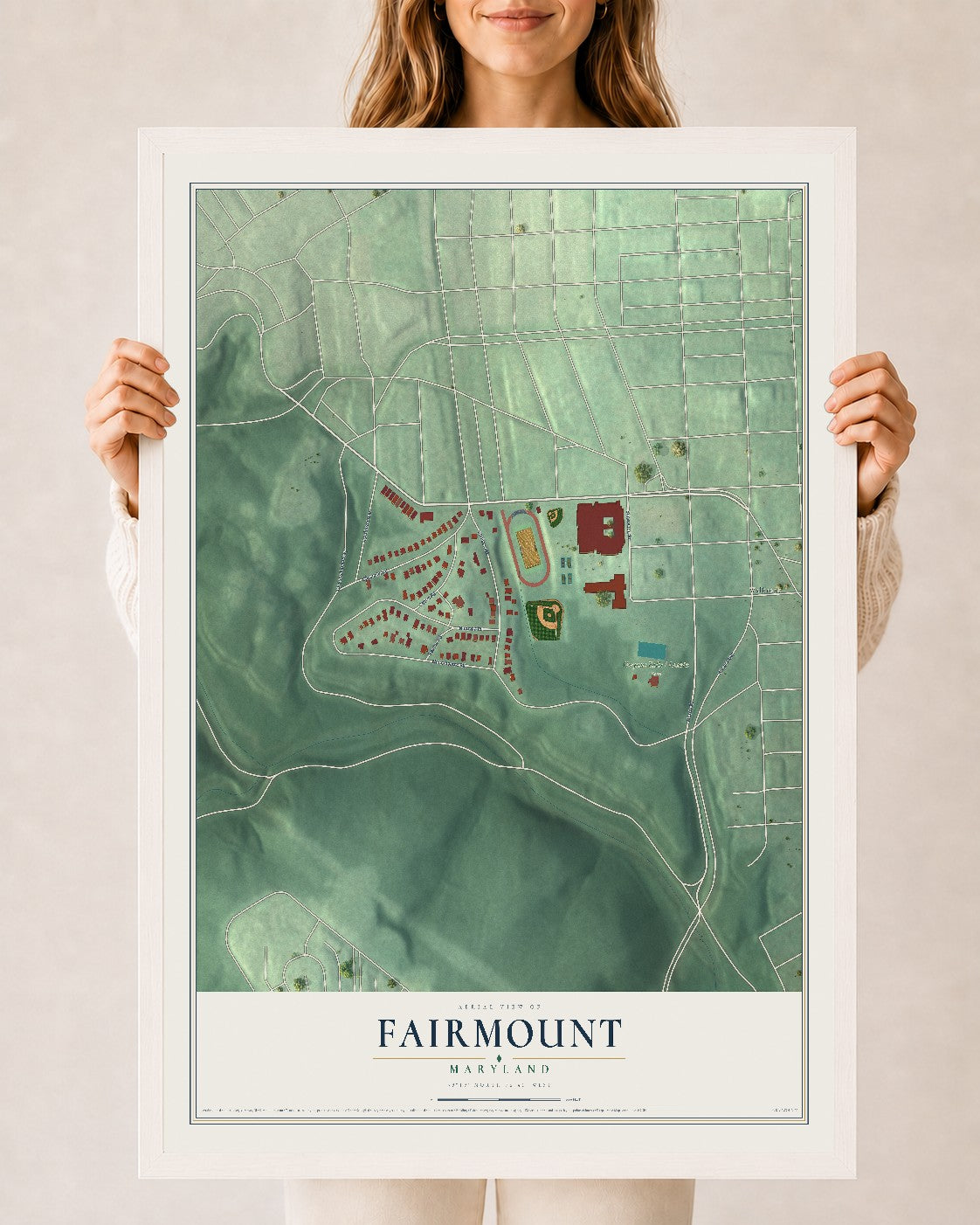 Map of Fairmount, Maryland, 24 x 36 inch print in a white wood frame