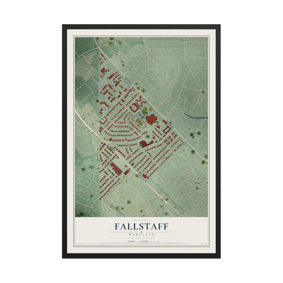 Map of Fallstaff, Maryland, 12 x 18 inch print in a black wood frame