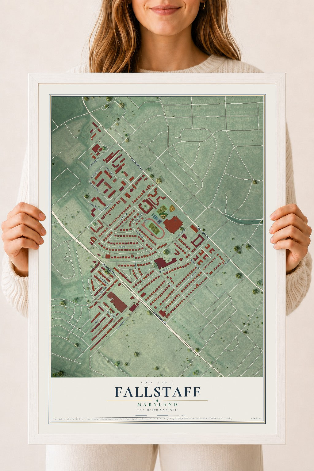 Map of Fallstaff, Maryland, 18 x 24 inch print in a white wood frame