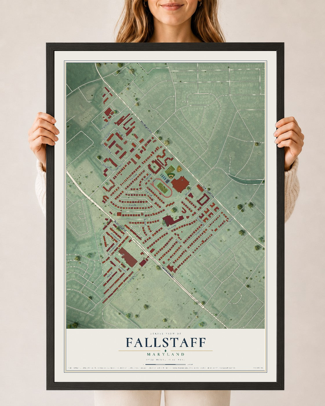 Map of Fallstaff, Maryland, 24 x 36 inch print in a black wood frame