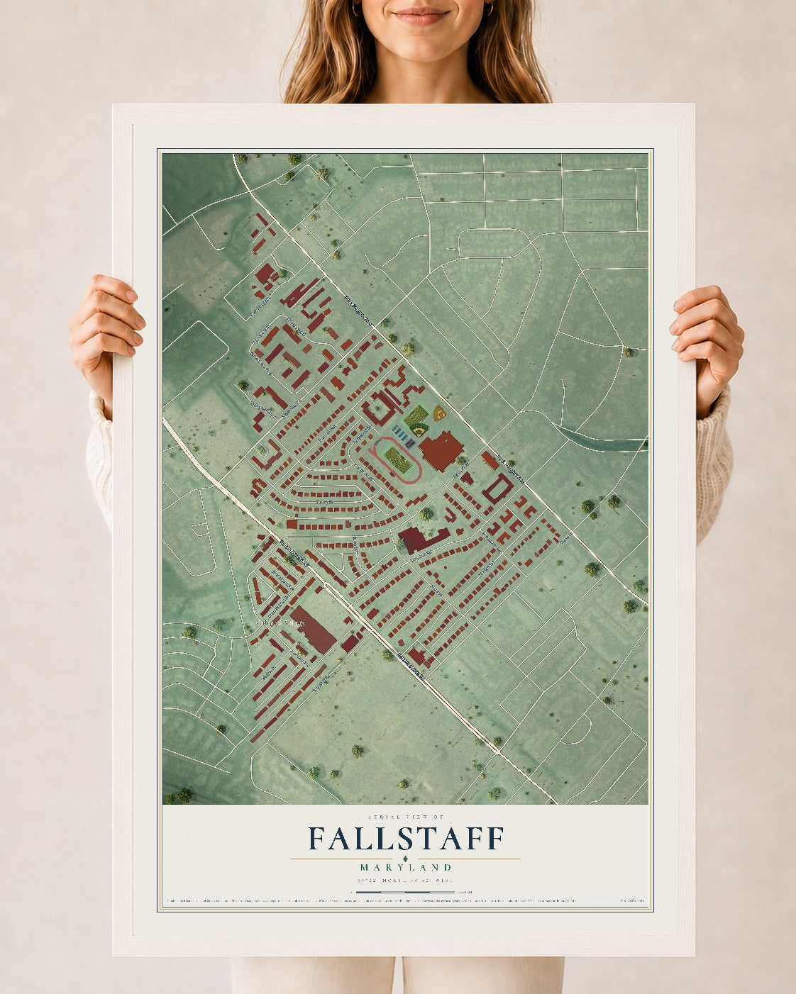 Map of Fallstaff, Maryland, 24 x 36 inch print in a white wood frame