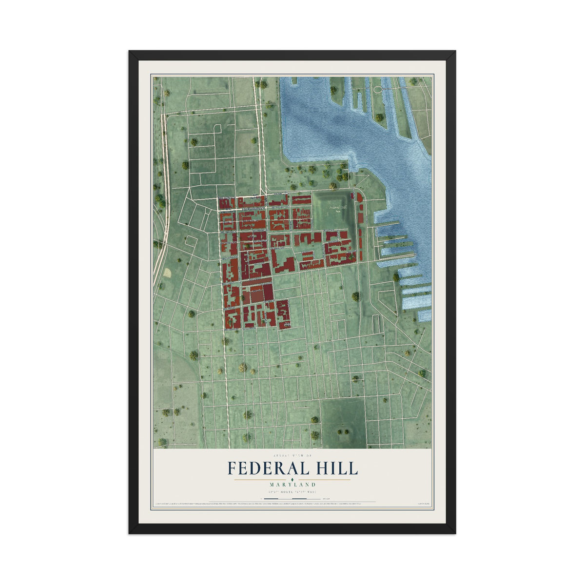Map of Federal Hill, Maryland, 12 x 18 inch print in a black wood frame