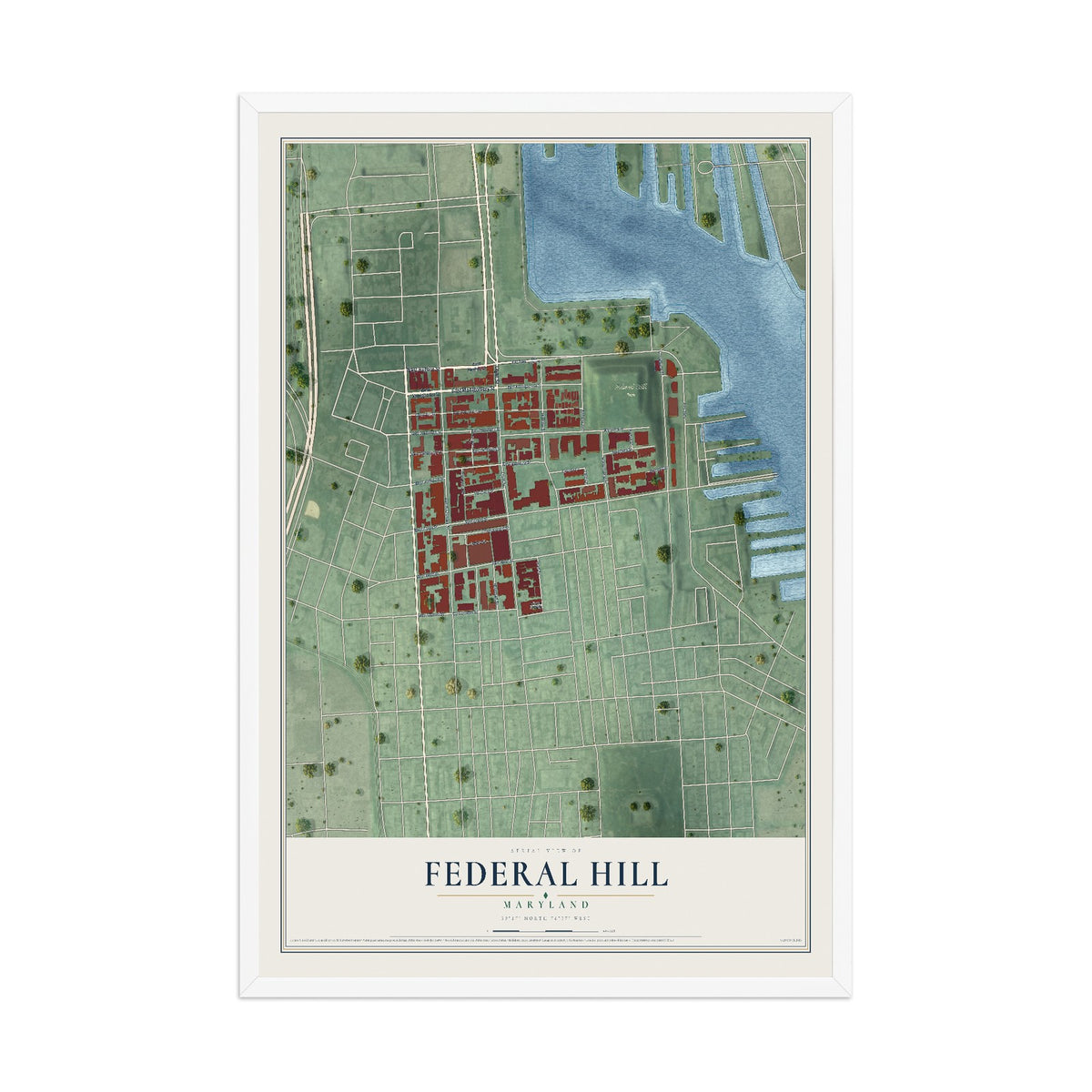 Map of Federal Hill, Maryland, 12 x 18 inch print in a white wood frame