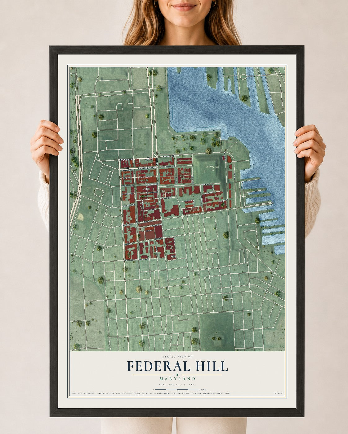Map of Federal Hill, Maryland, 24 x 36 inch print in a black wood frame