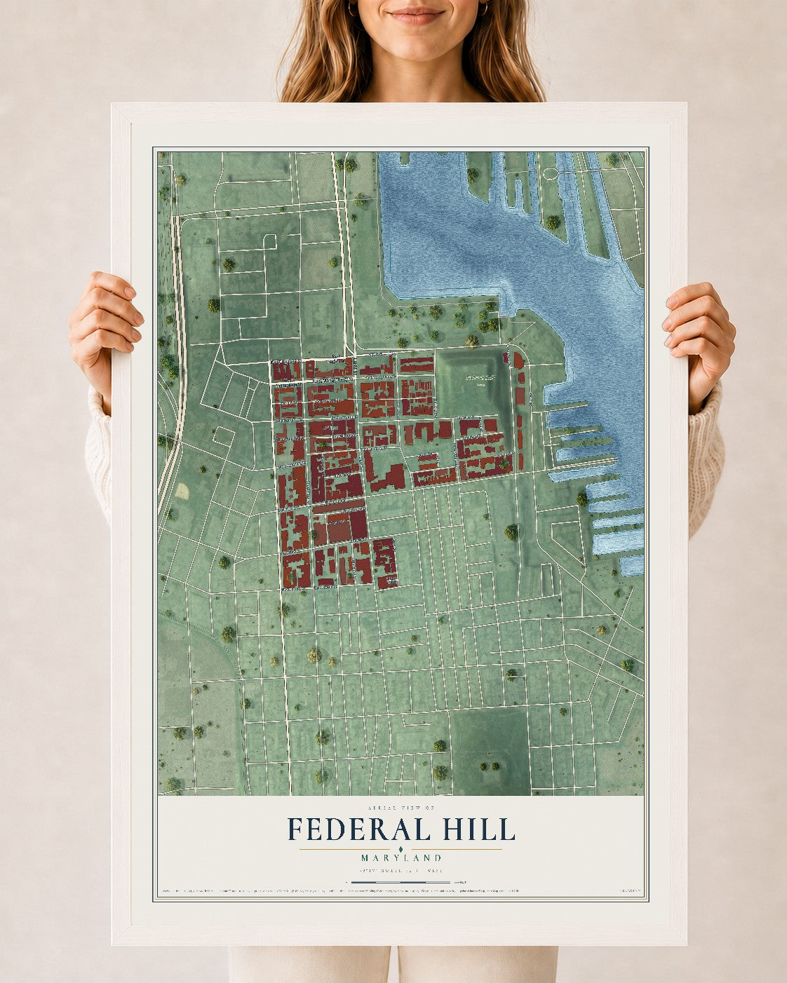 Map of Federal Hill, Maryland, 24 x 36 inch print in a white wood frame