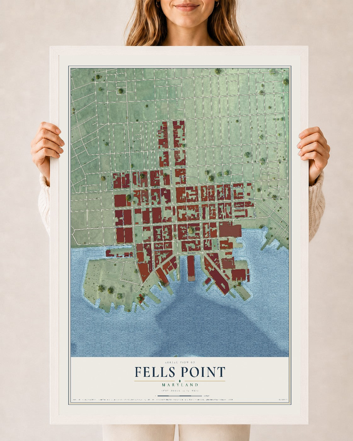 Map of Fells Point, Maryland, 24 x 36 inch print in a white wood frame