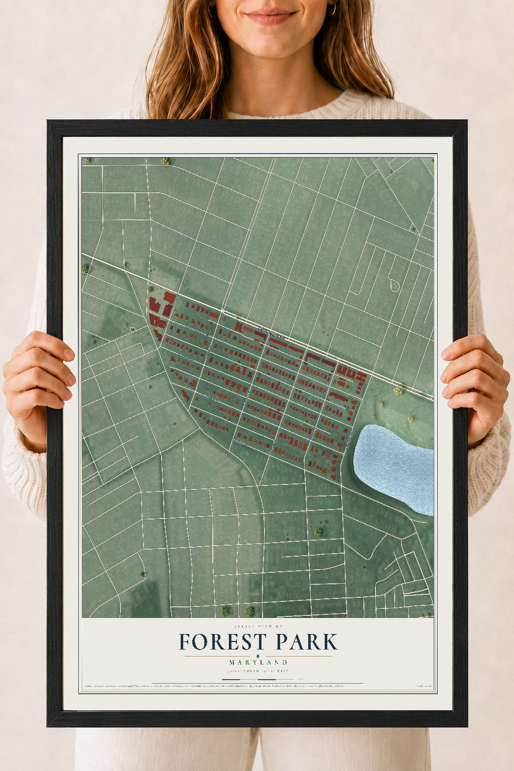 Map of Forest Park, Maryland, 18 x 24 inch print in a black wood frame
