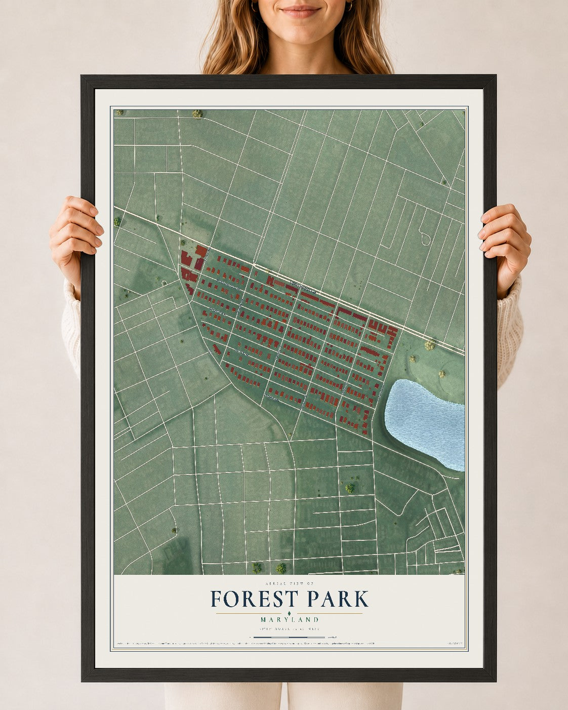 Map of Forest Park, Maryland, 24 x 36 inch print in a black wood frame